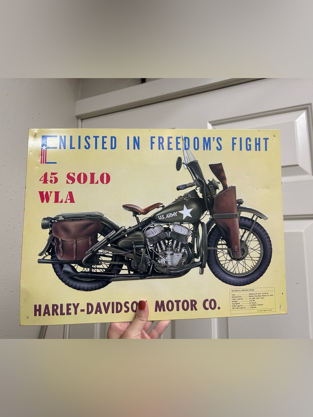 vintage-style metal sign the classic olive-green World War II Harley-Davidson